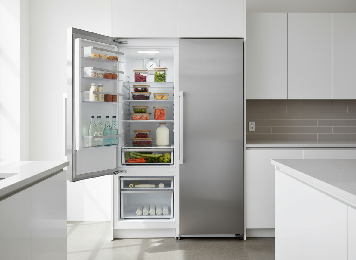 A modern stainless steel refrigerator with clean, sharp edges and a brushed metal finish stands slightly open, revealing organized glass shelves and neatly stacked containers. The appliance is set within a minimalist kitchen of white cabinetry and light gray quartz countertops, with a neutral subway tile backsplash. Soft, diffused daylight enters from an unseen window, creating gentle reflections on the metal surface and subtle shadows along the floor. Shot at eye level with a balanced, centered composition and sharp focus, the scene feels professional, orderly, and reliable. The photographic realism and structured layout convey a corporate, trustworthy appliance repair service without visual clutter.